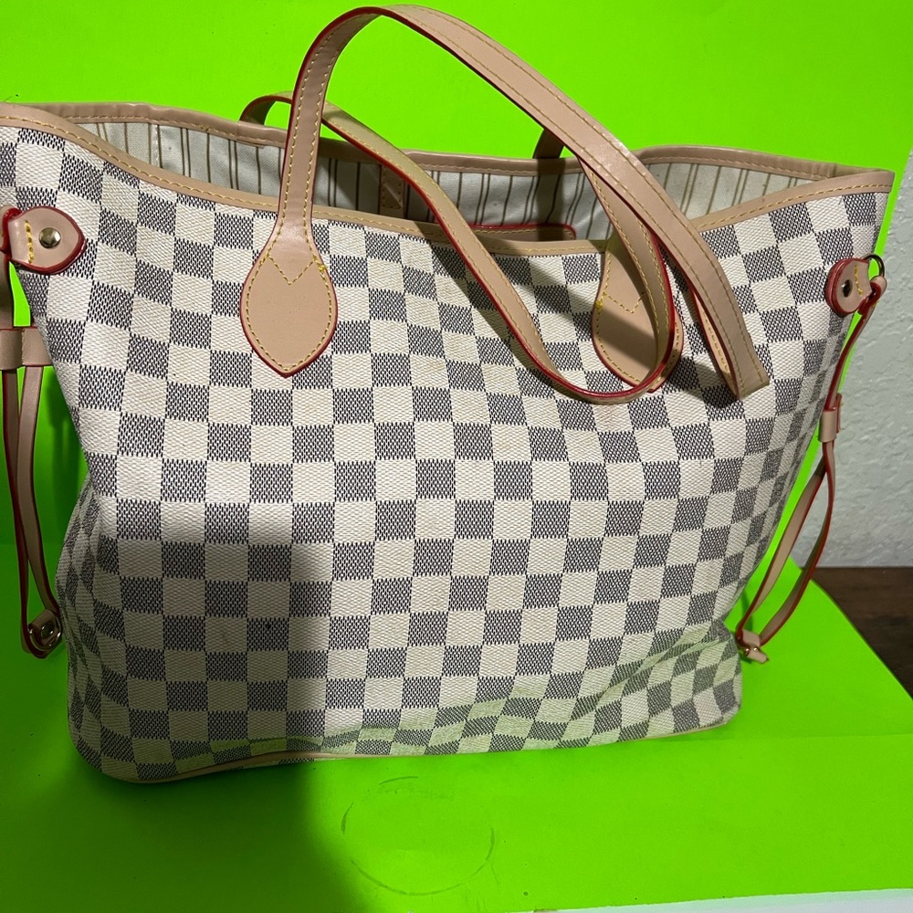 Checked Canvas Tote Bag in Ivory and Gray with Pink Trim